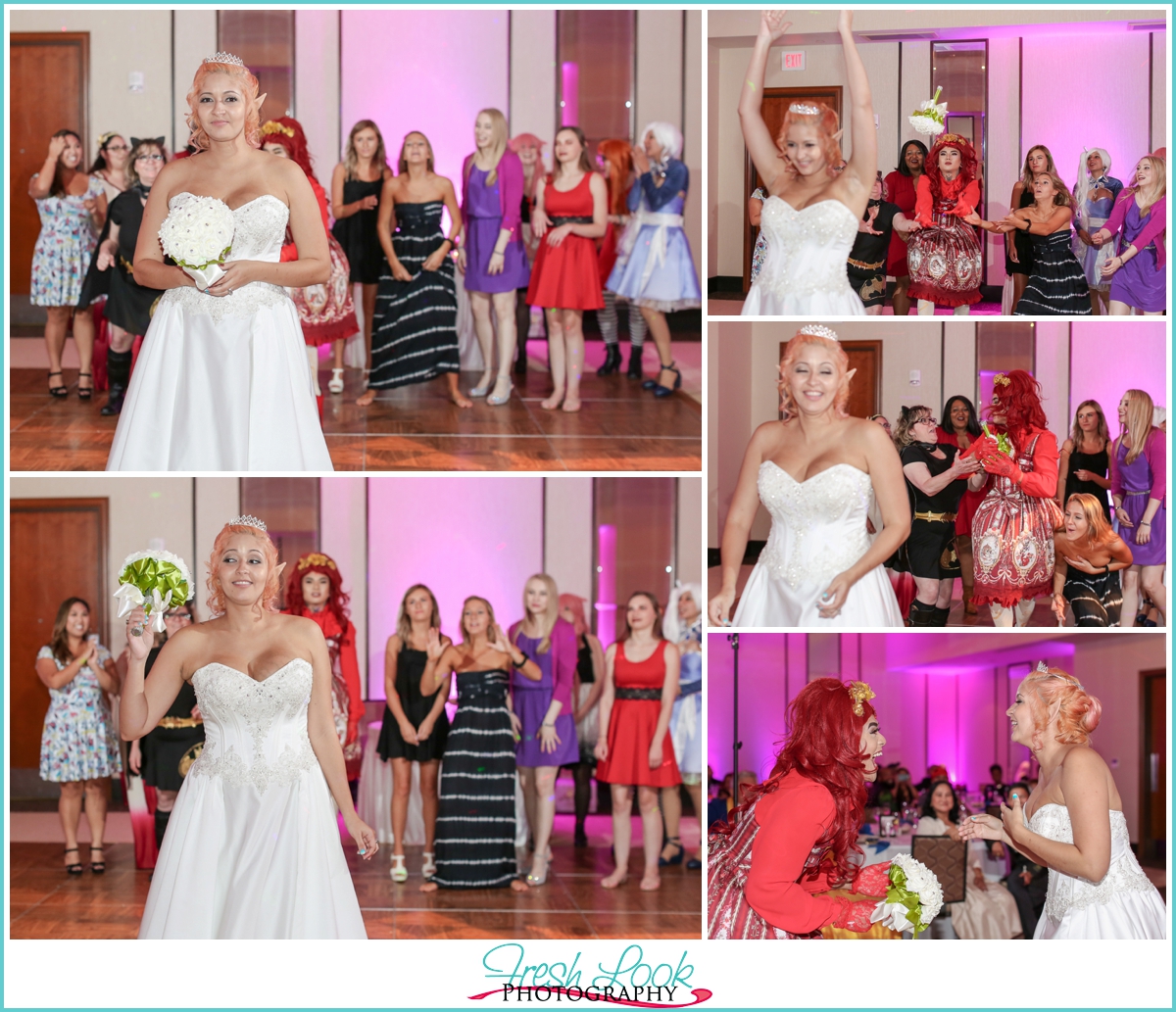 bride tossing wedding bouquet