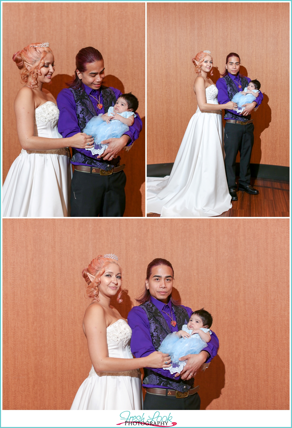 bride and groom with their baby