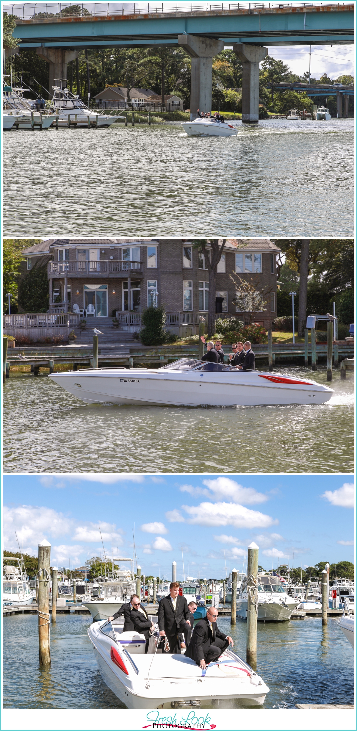 groom arriving at the wedding in a boat