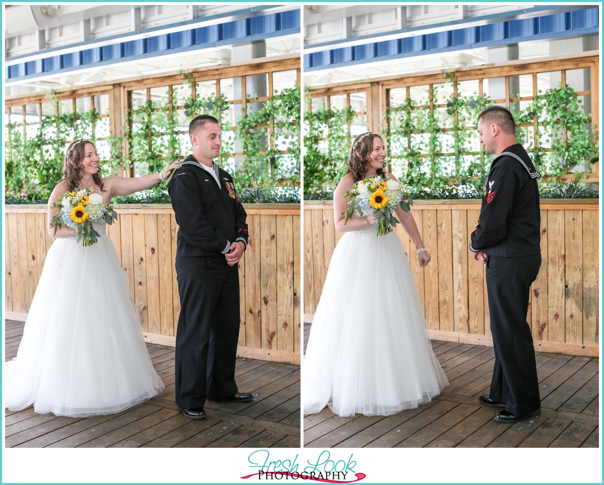 bride and groom first look