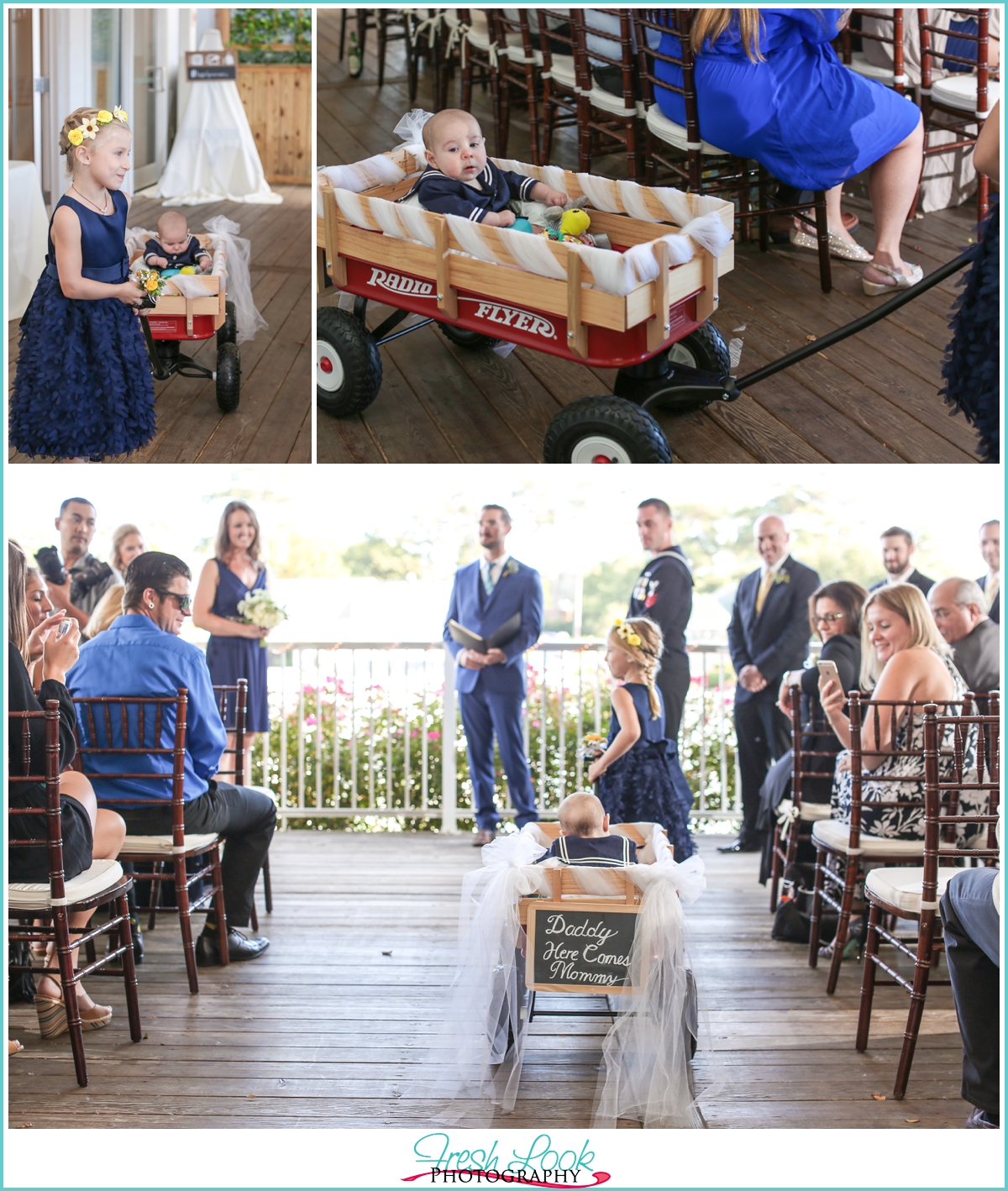 baby in a wagon at wedding ceremony