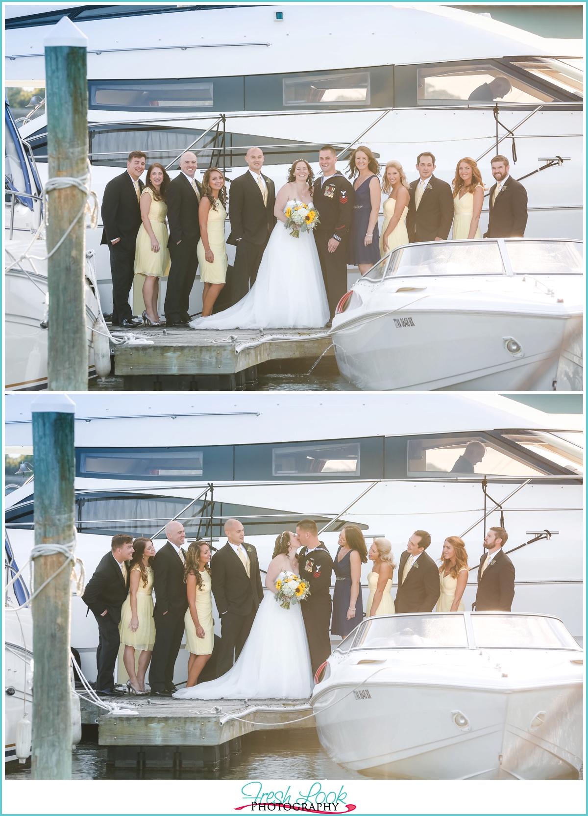 bridal party standing on a dock