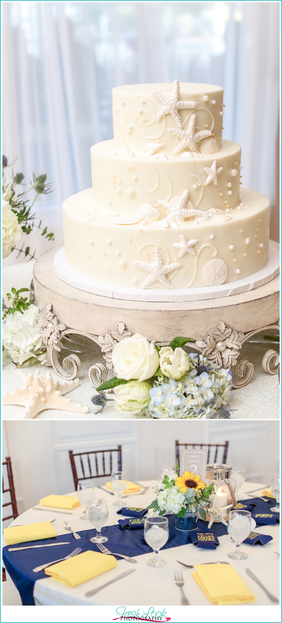 Wedding cake and navy and yellow decor