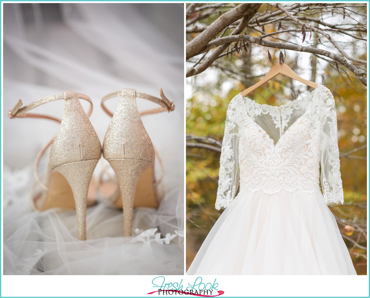 lace wedding gown and gold wedding shoes