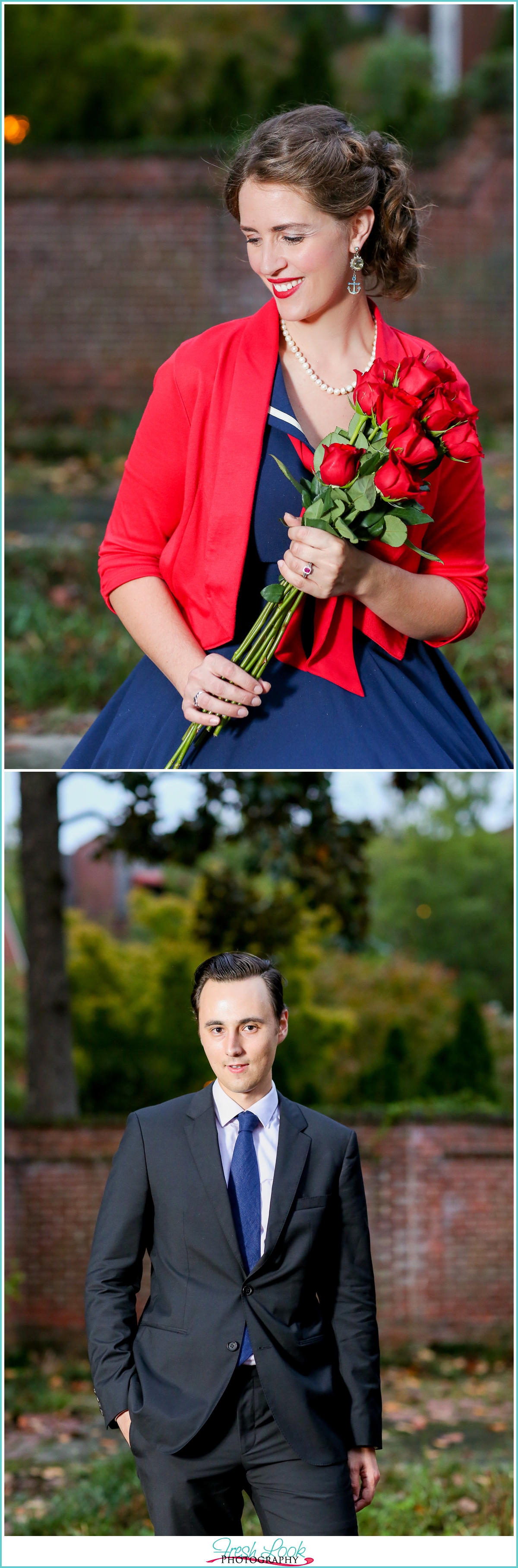 engagement shoot with rose bouquet