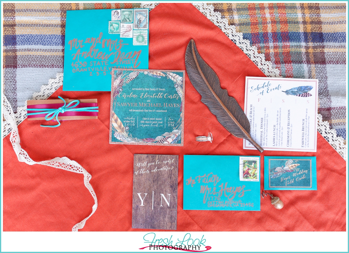 teal and orange wedding stationery