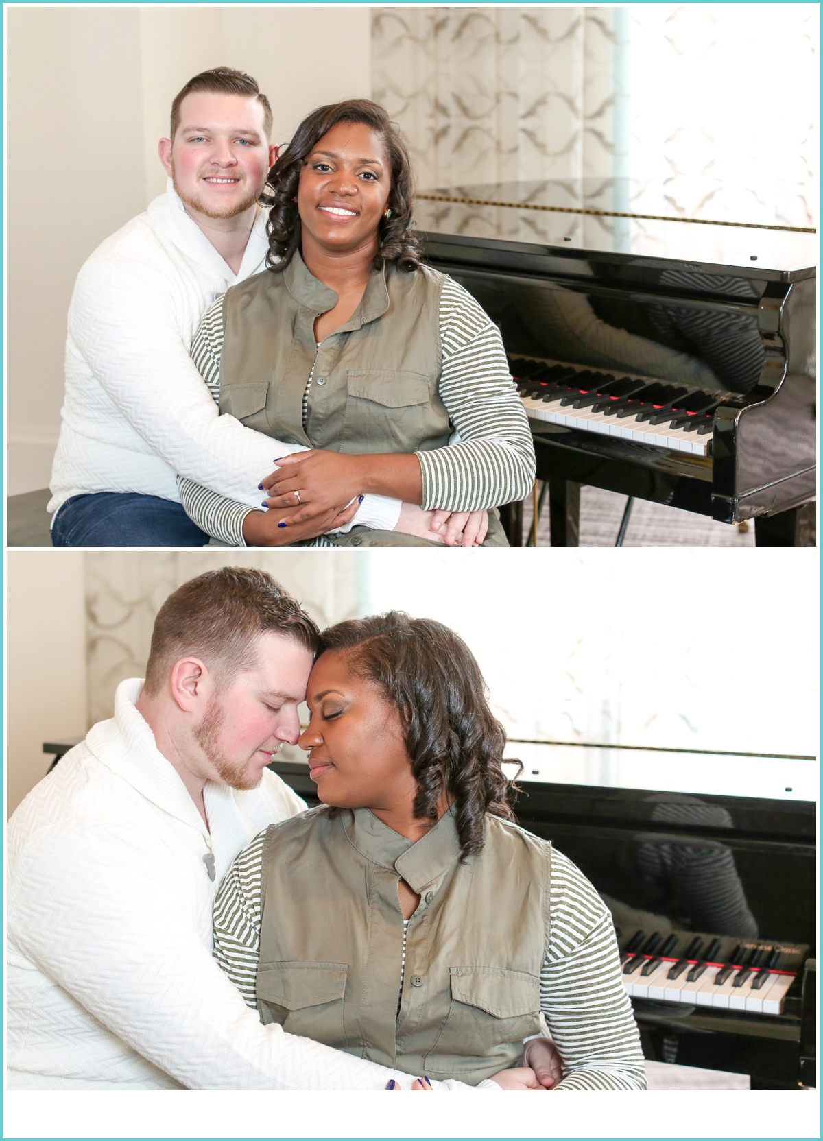 snuggling together by the piano