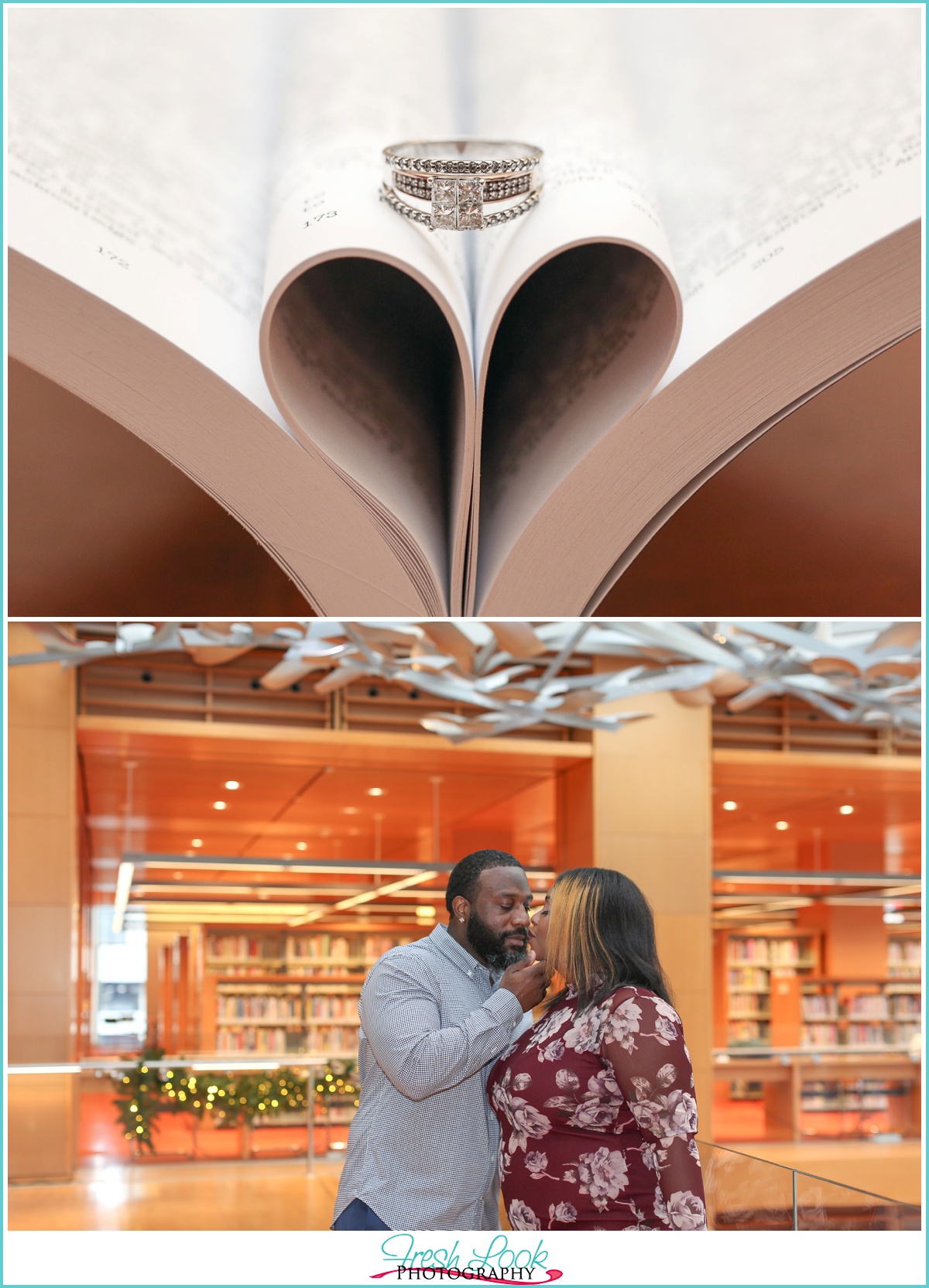 snuggling together in the library