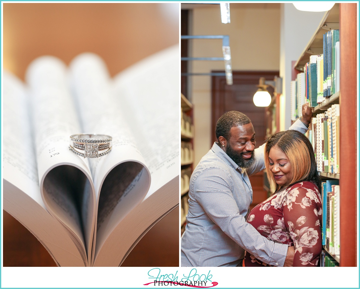 snuggling together in the library