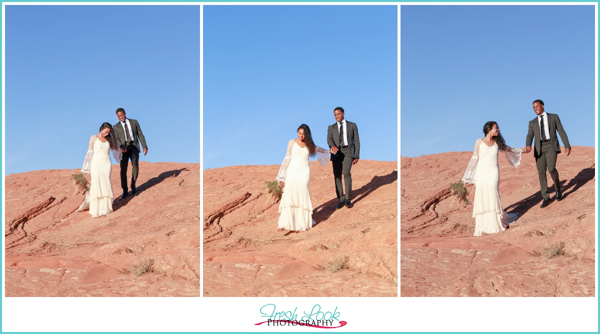 bride walking through the canyons