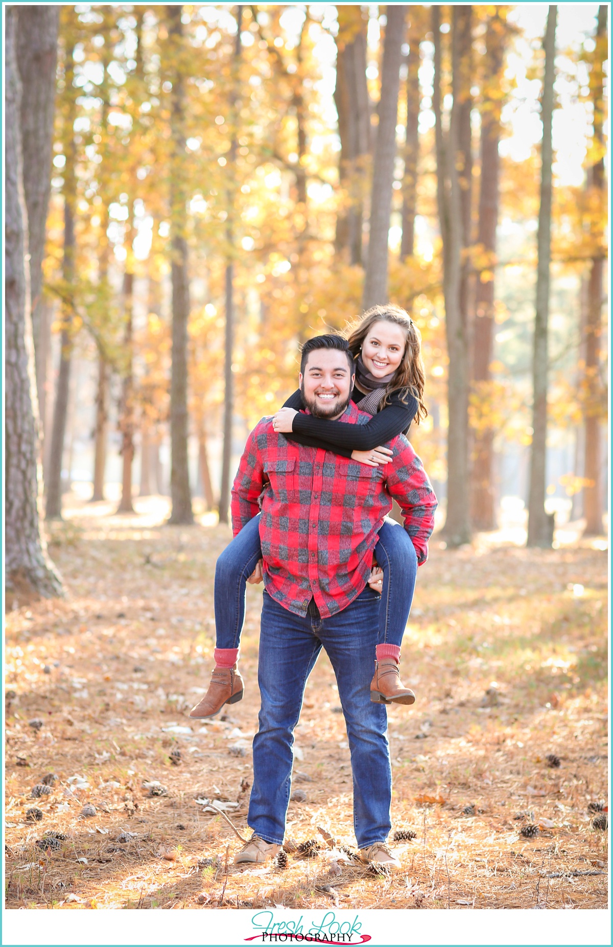 giving a piggy-back ride in the woods