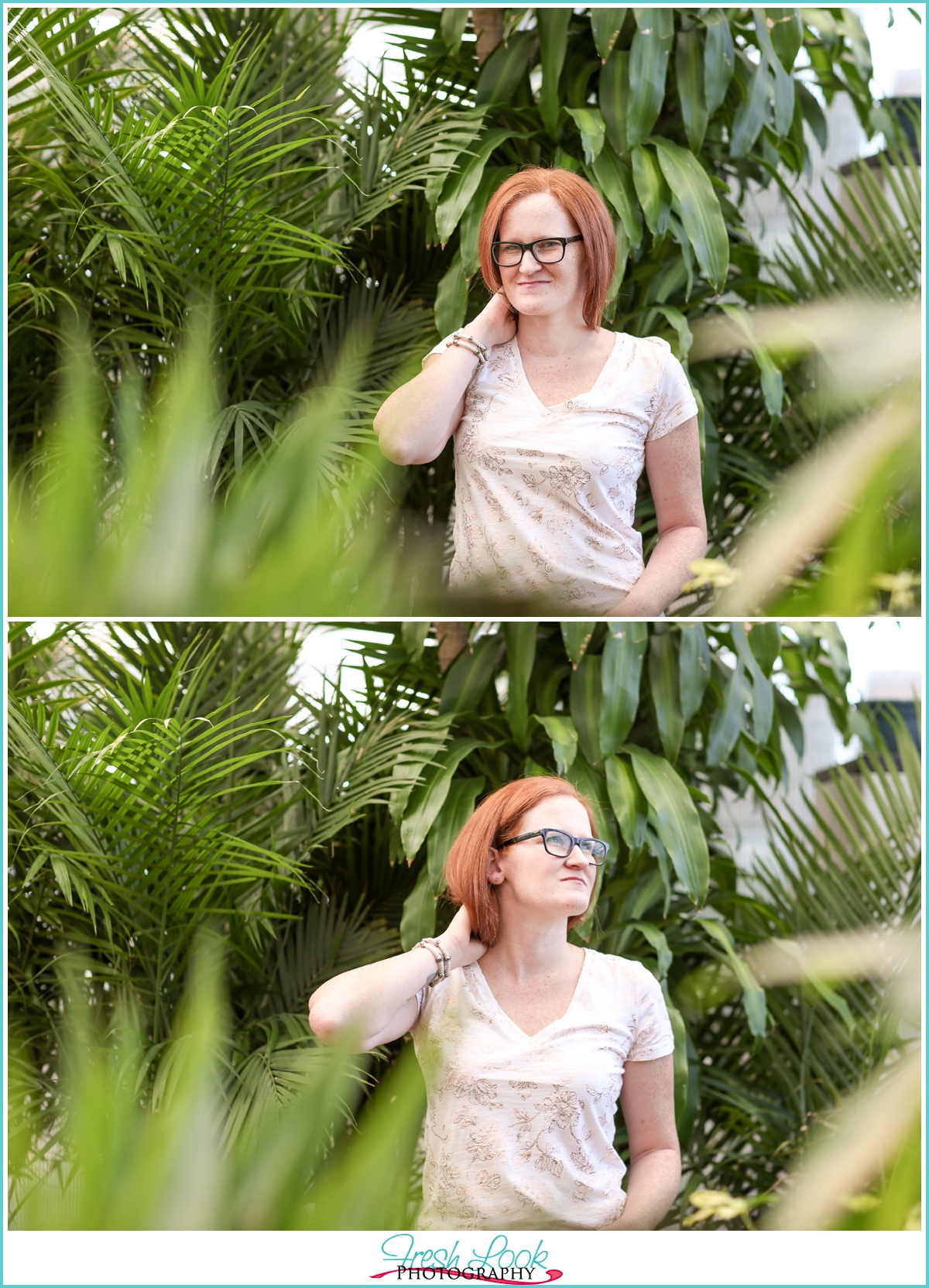 redhead model posing with rain forrest plants 