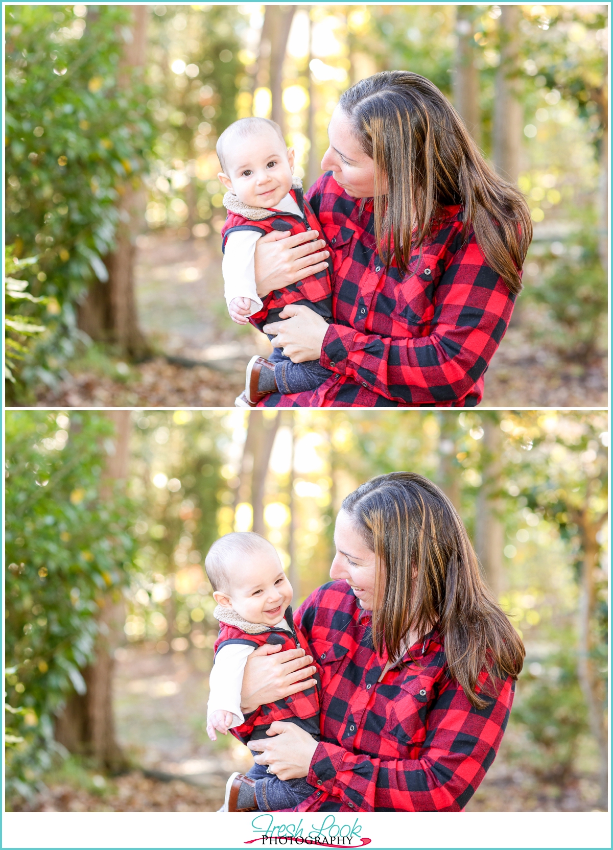 laughing with mommy in plaid outfits