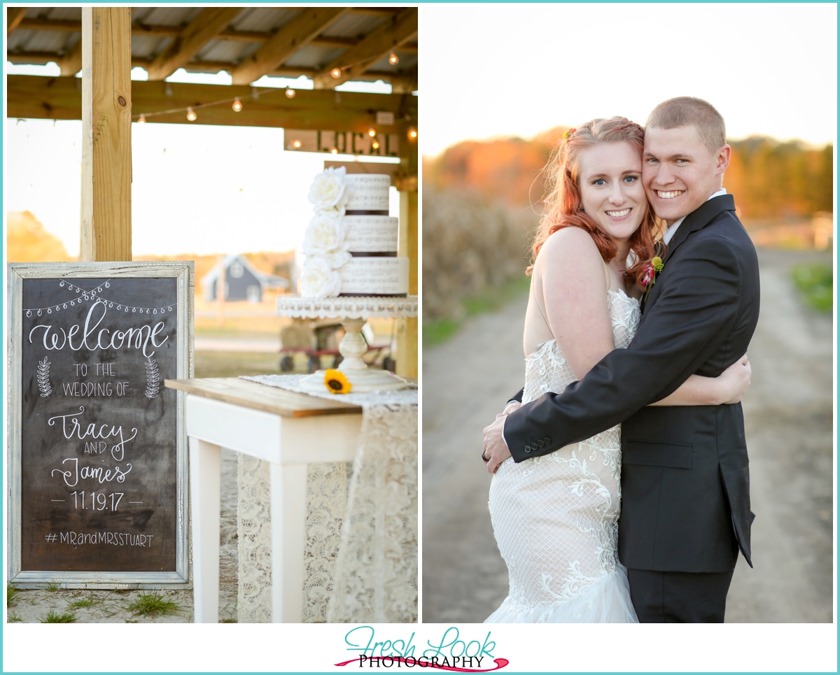 happy bride and groom with calligraphy sign