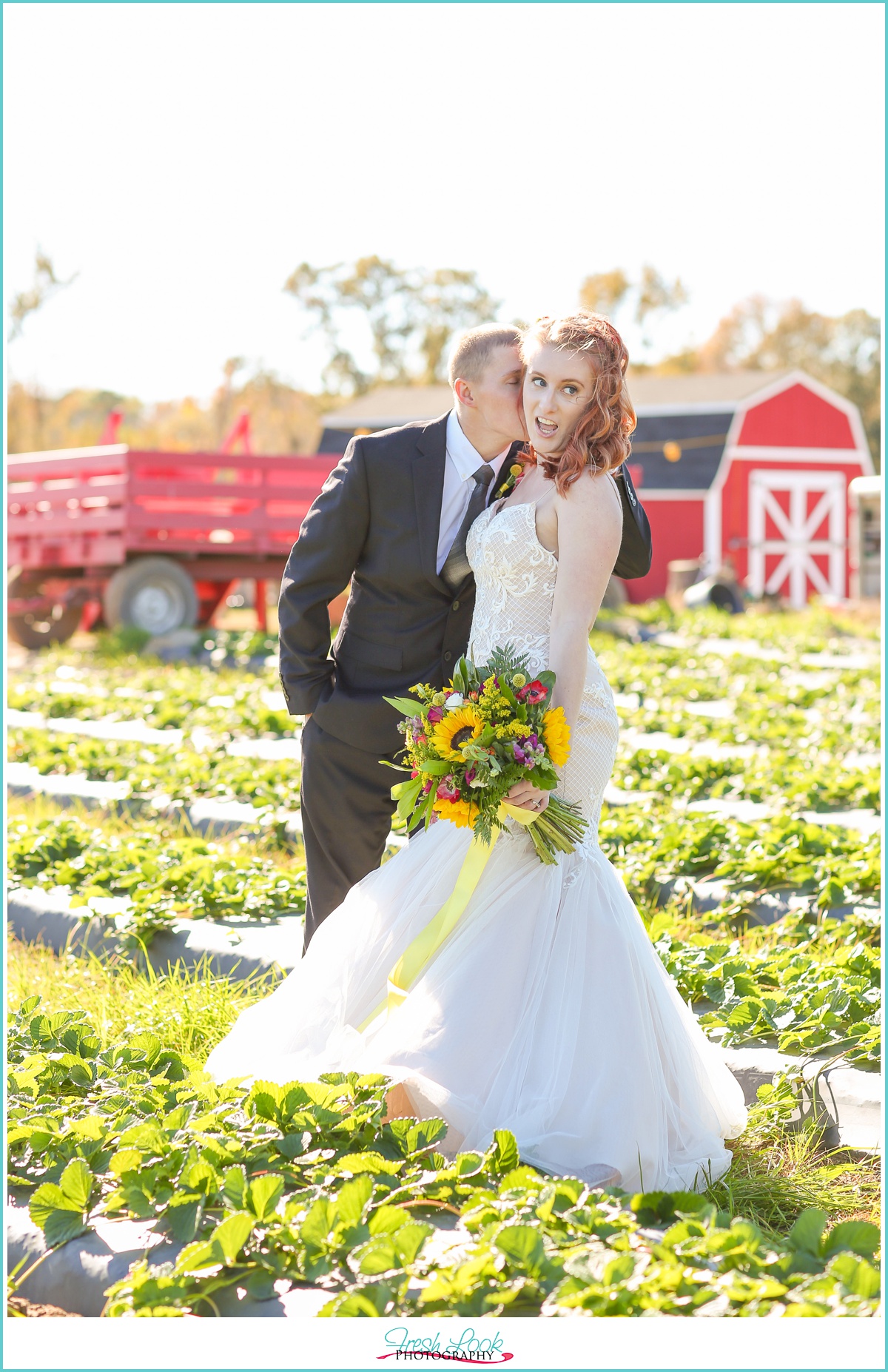 bride and groom having fun