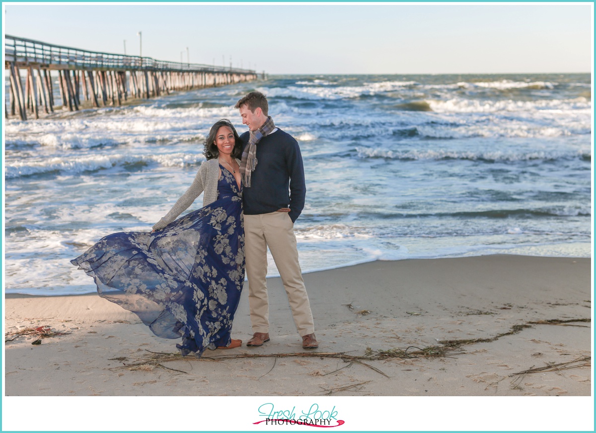 windy beach engagement photos