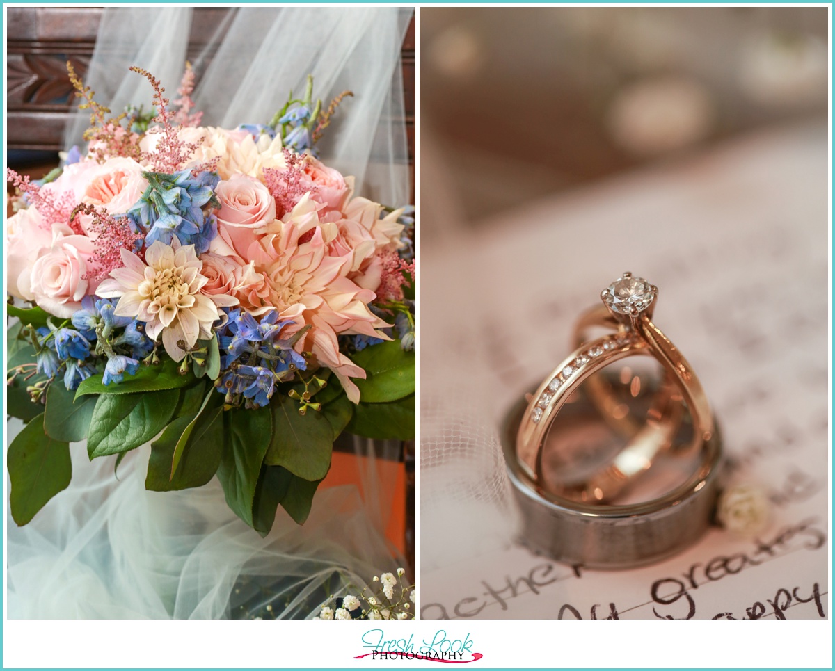 wedding bouquet and wedding rings