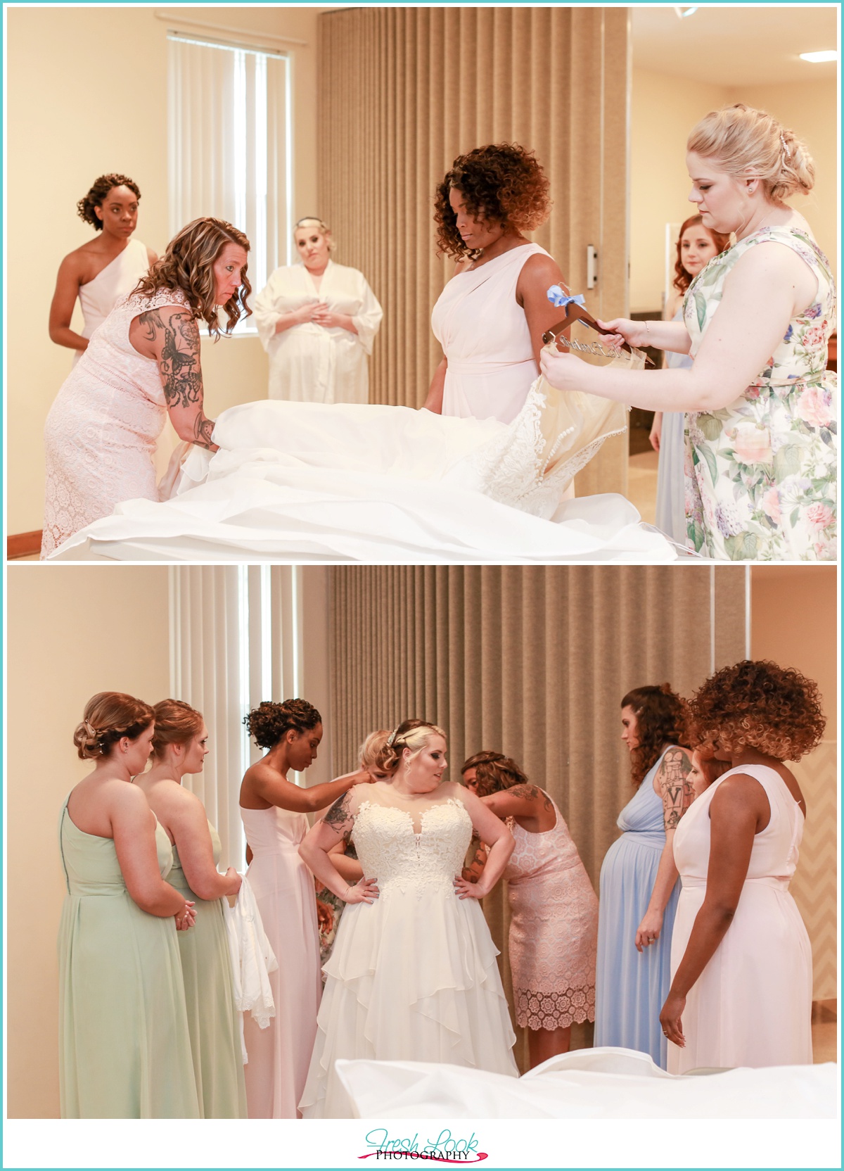 bride putting on wedding dress