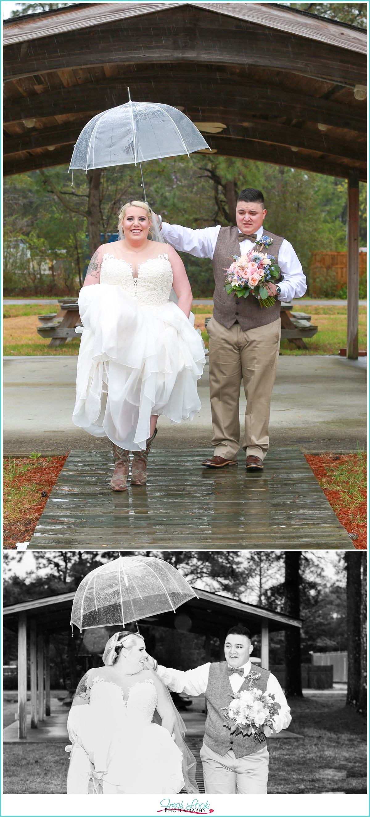 Bride and groom walking in the rain