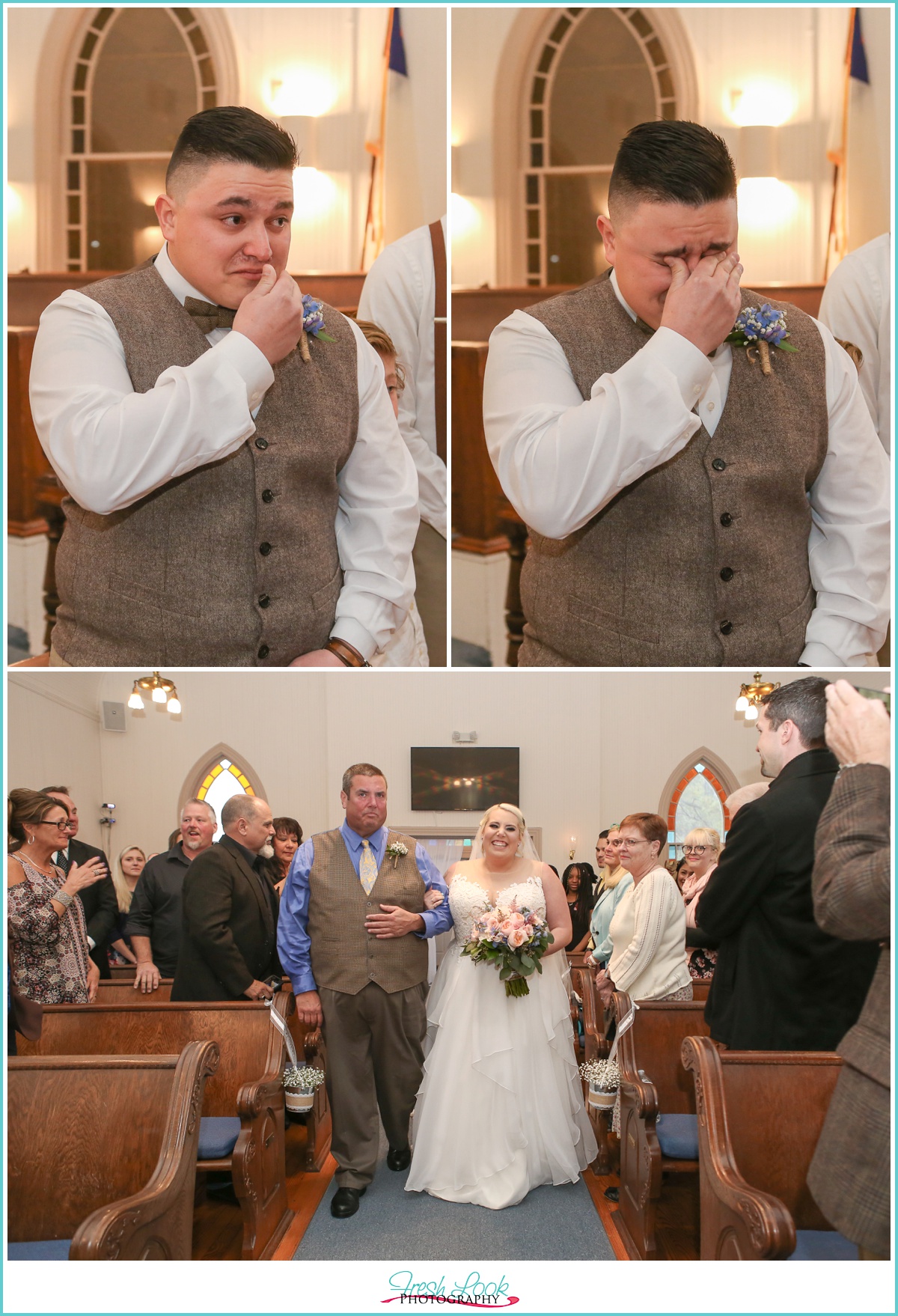 groom crying when he sees the bride