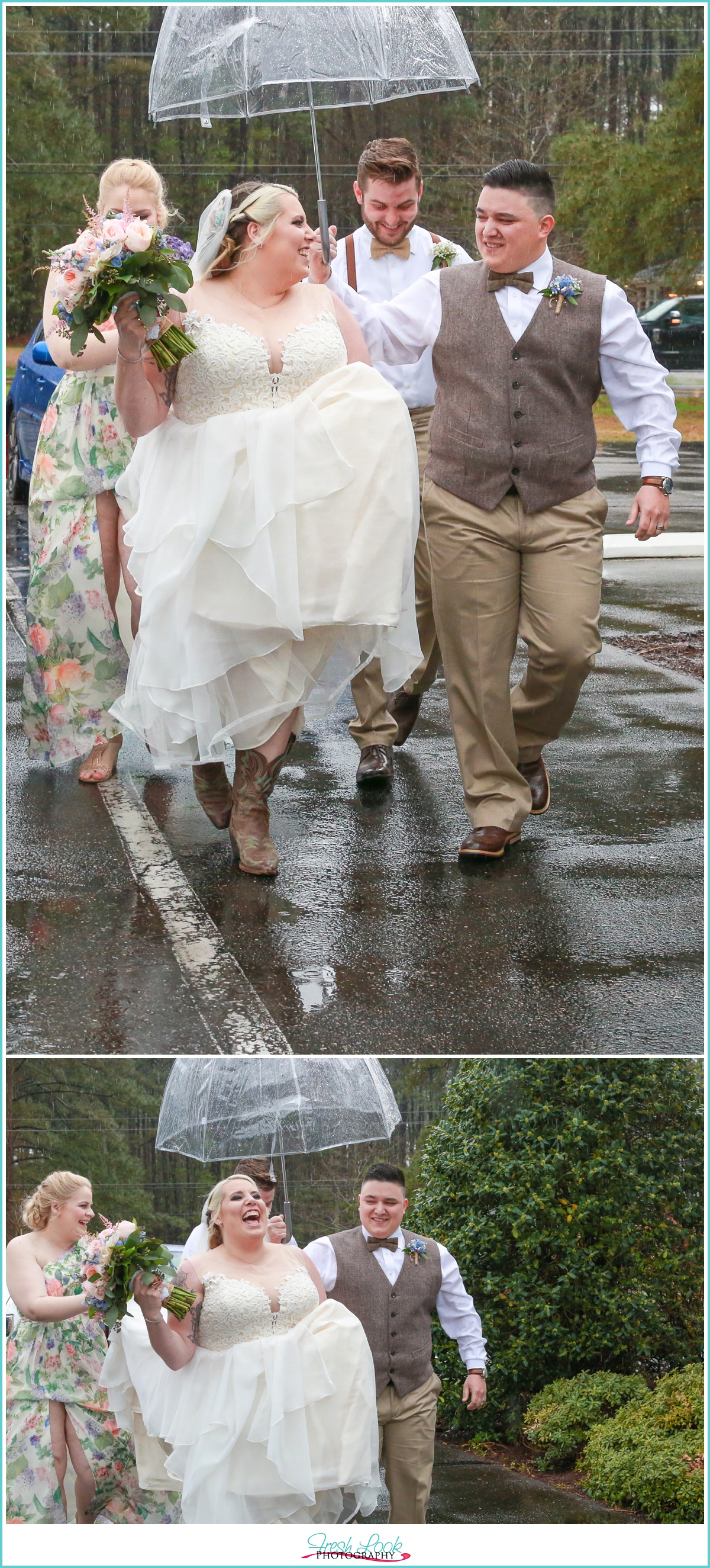 bride and groom walking in the rain