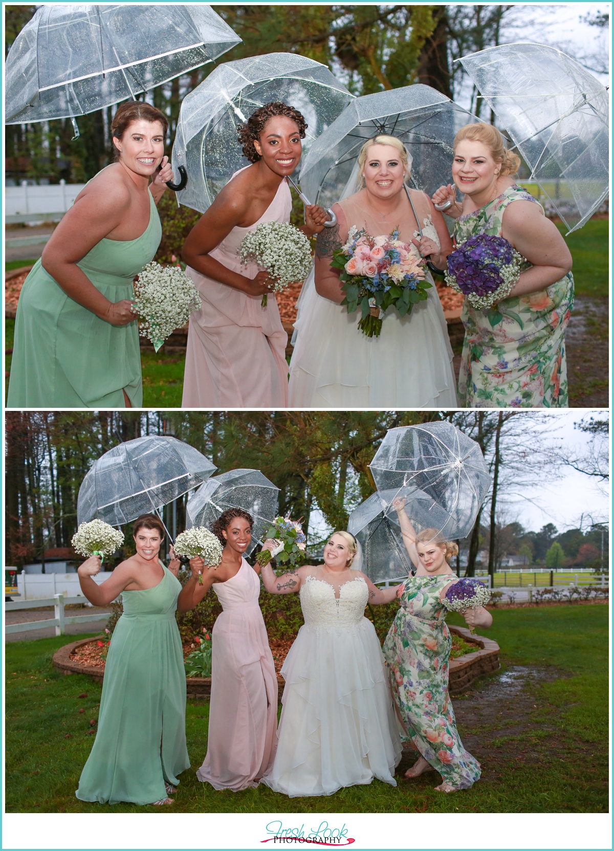 bridesmaids holding clear umbrellas
