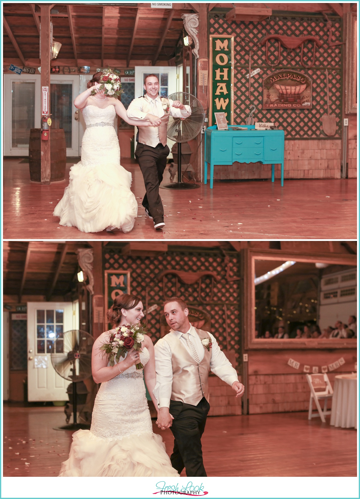 bride and groom entering reception