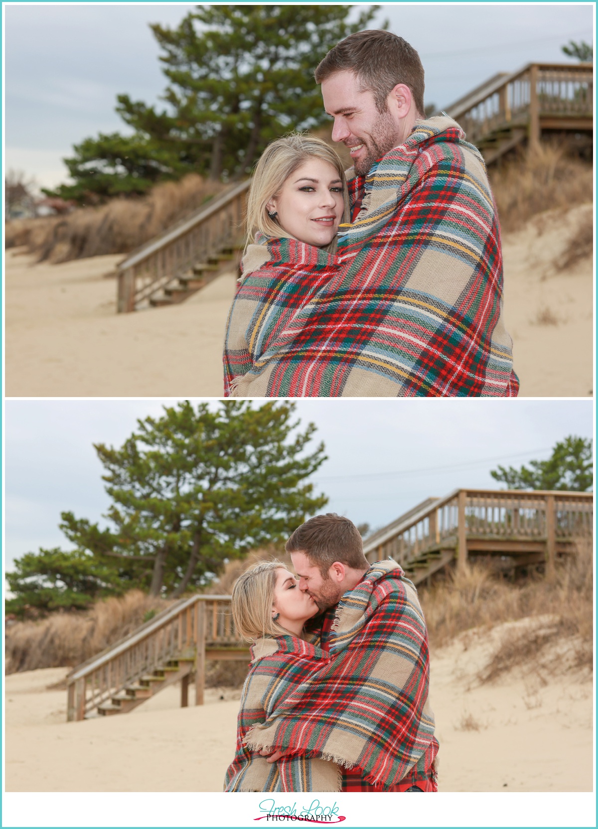 snuggling together in a blanket on the beach