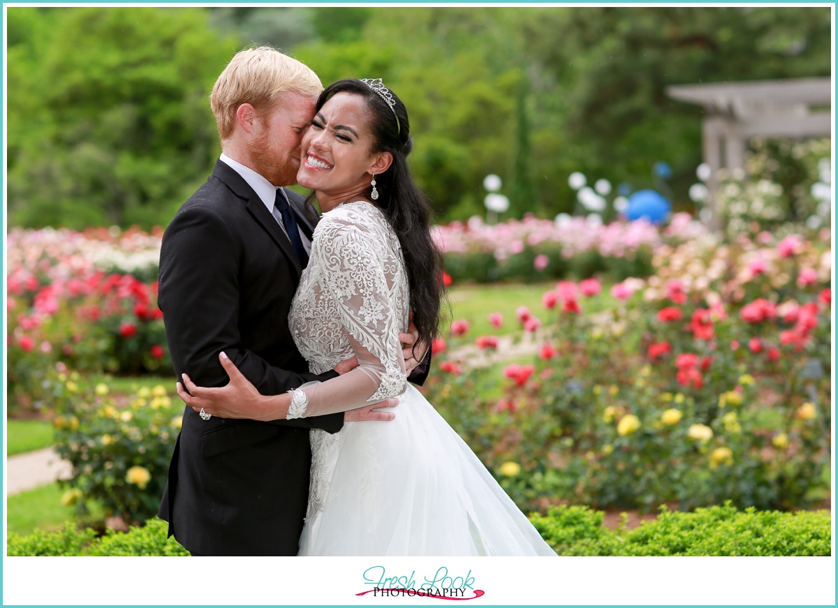 laughing bride and groom