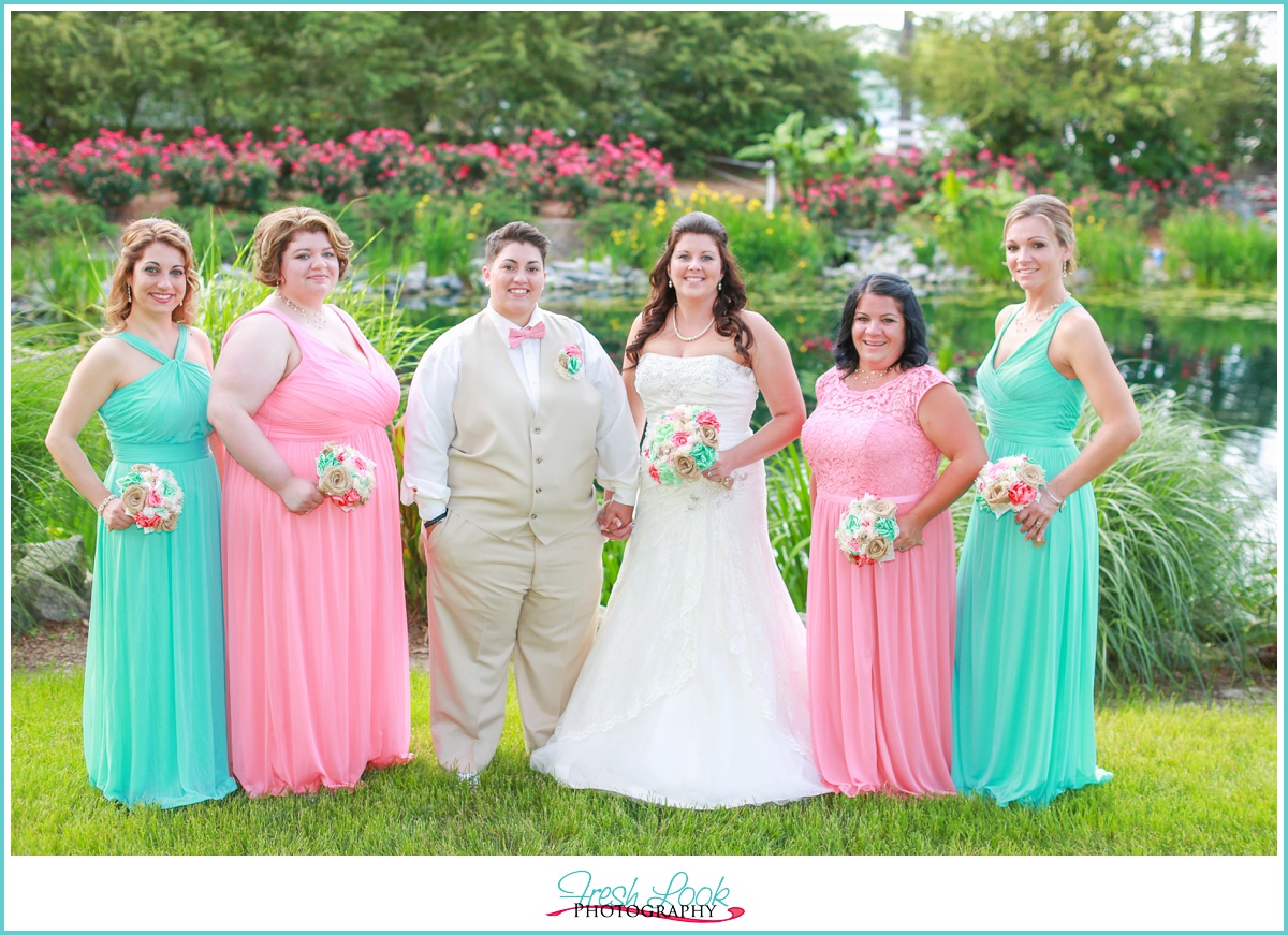 teal and pink bridesmaid dresses