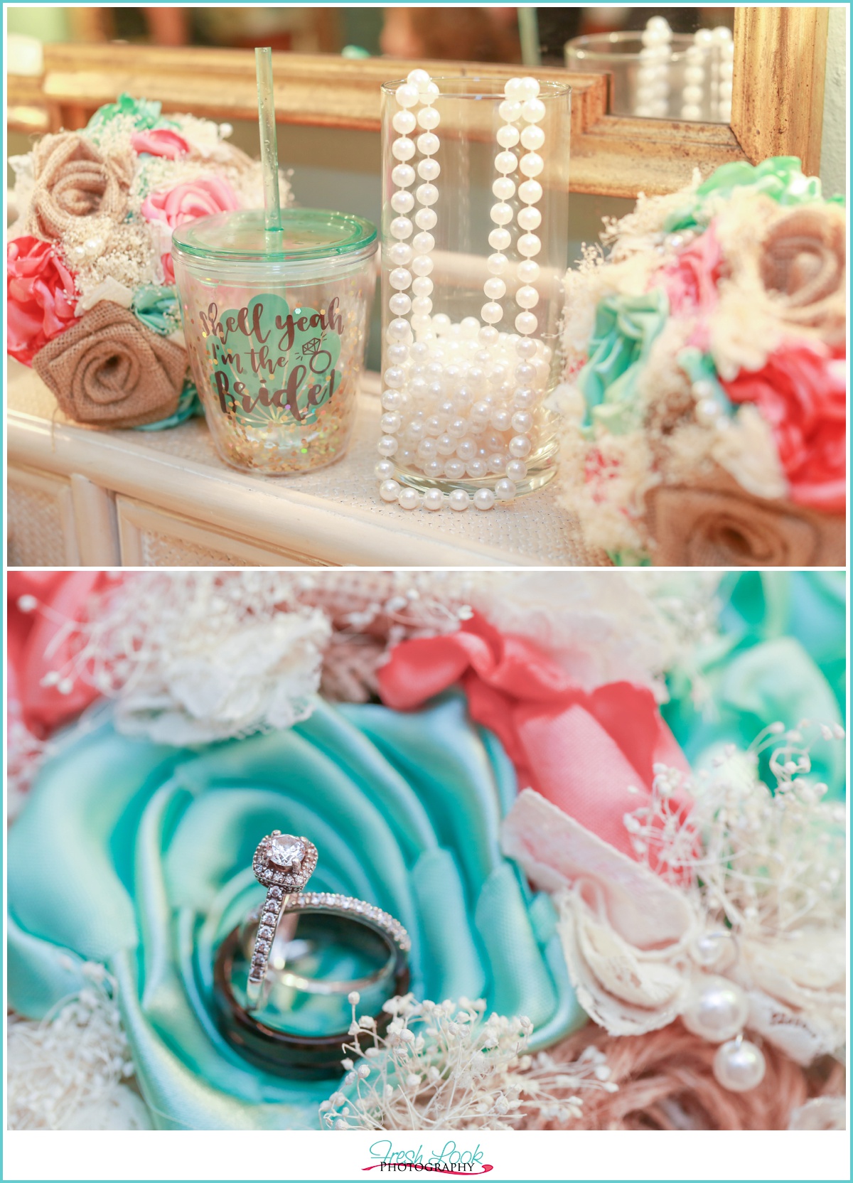 teal and coral wedding details