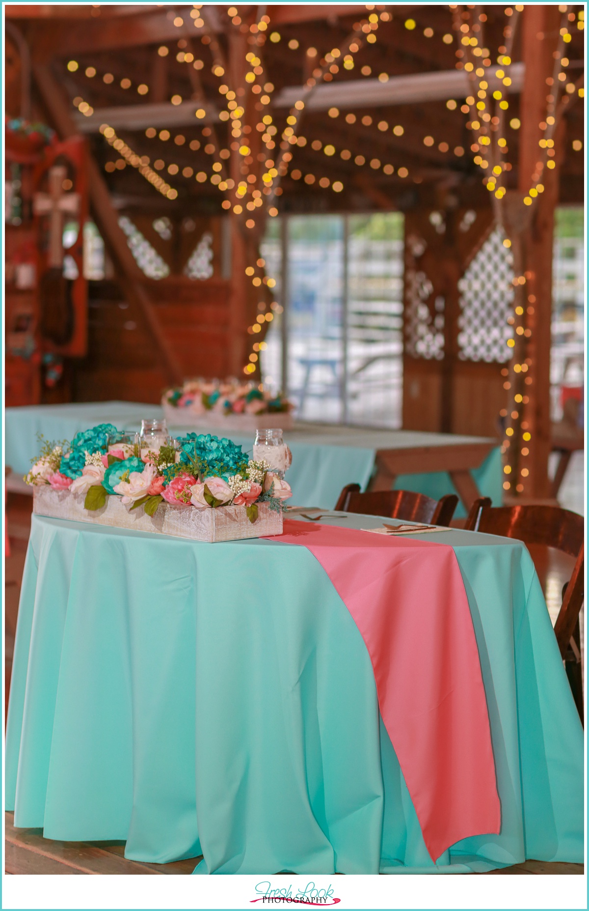 teal and coral wedding reception