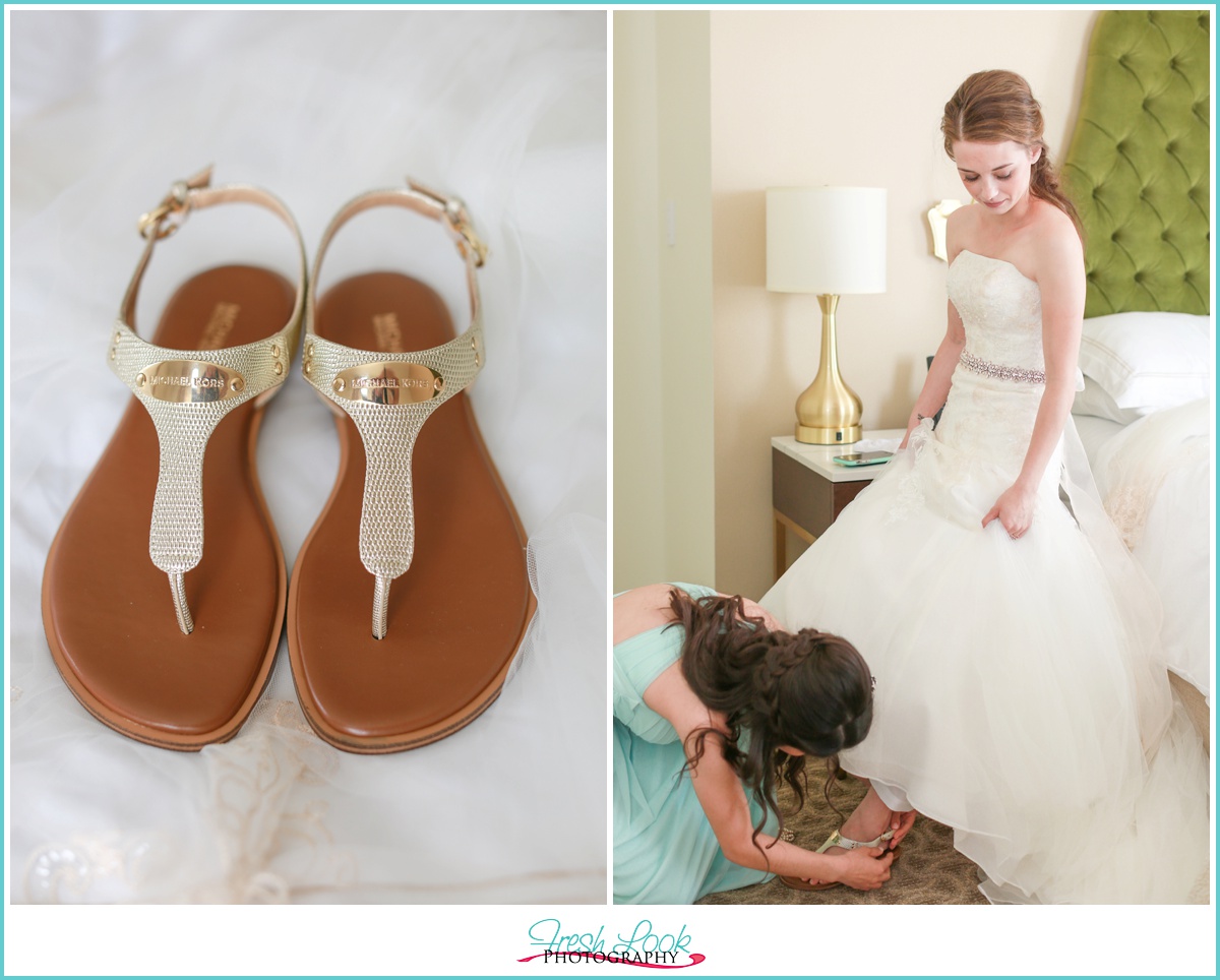 Bride putting on her shoes