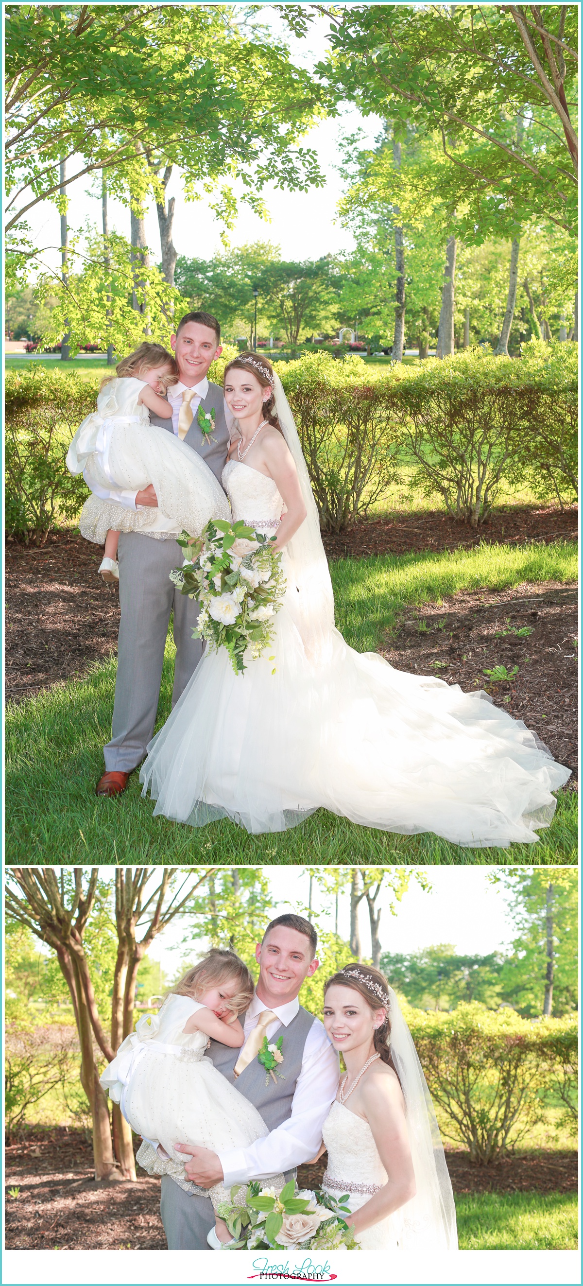 bride and groom with their daughter