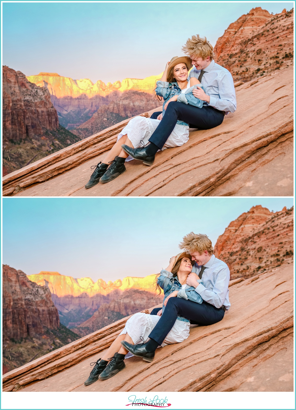 Engaged couple snuggling at sunrise