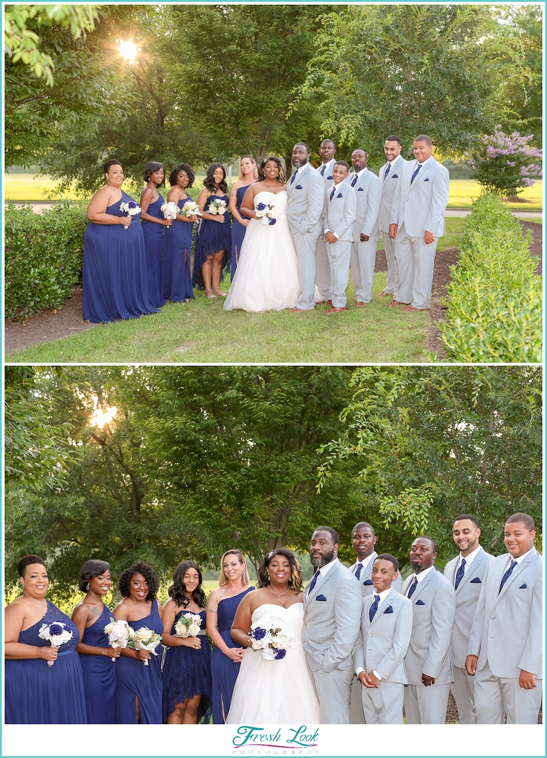 bridal party wearing navy and gray