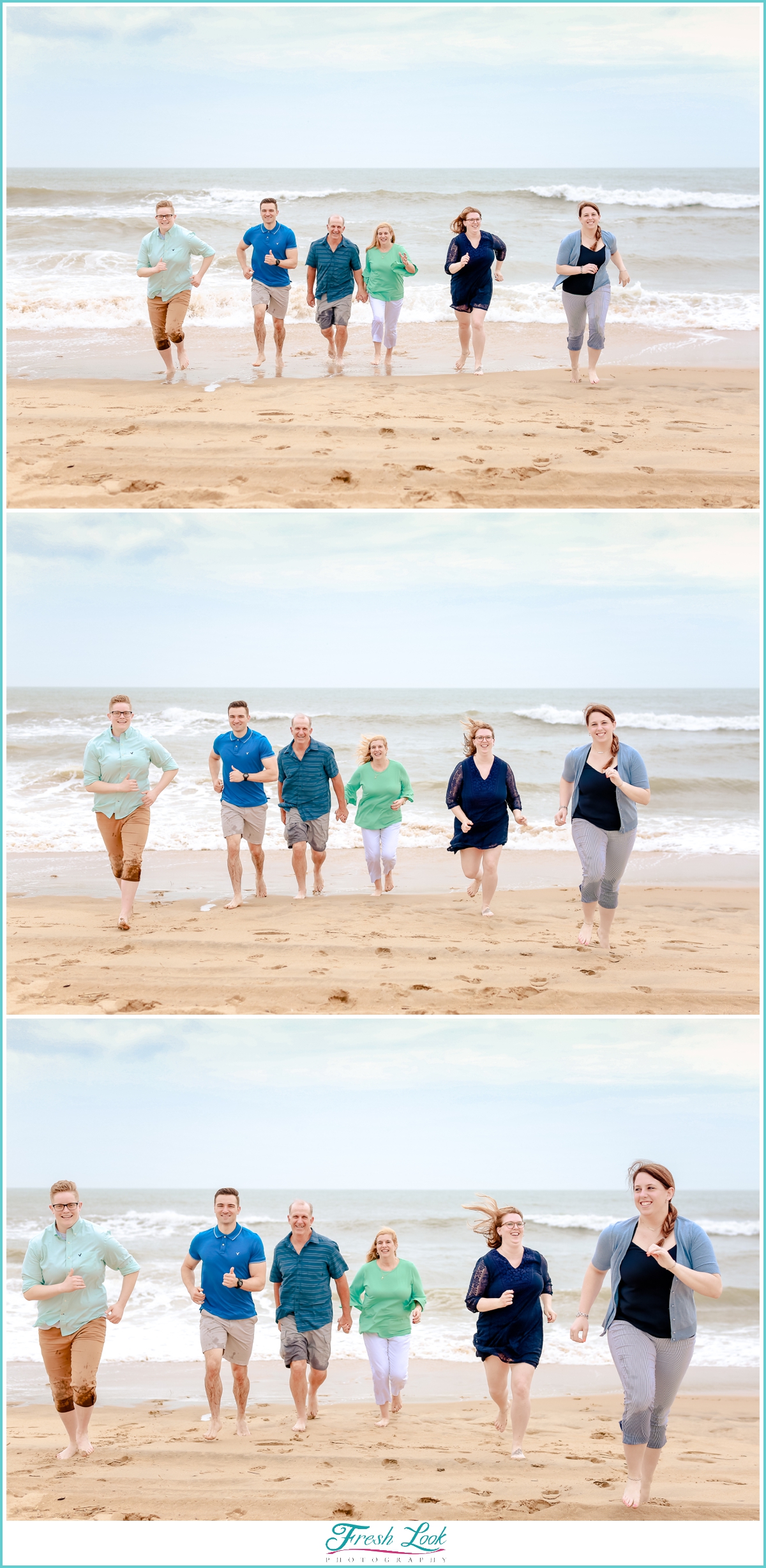 family running in the waves