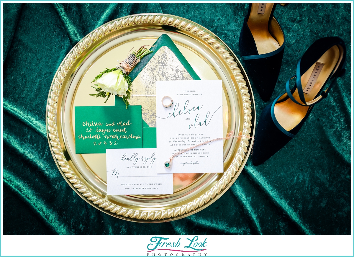 green and gold wedding invitations