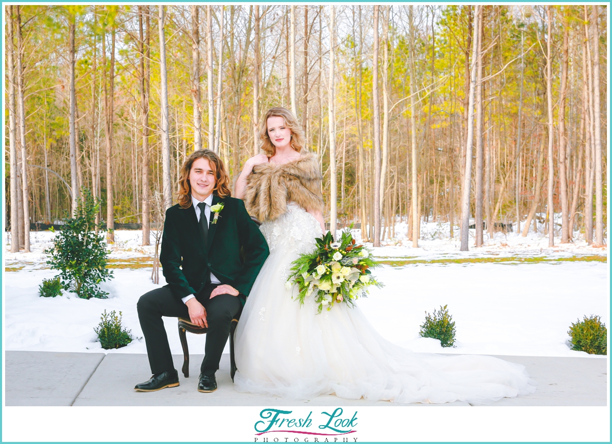 bride and groom snow portraits