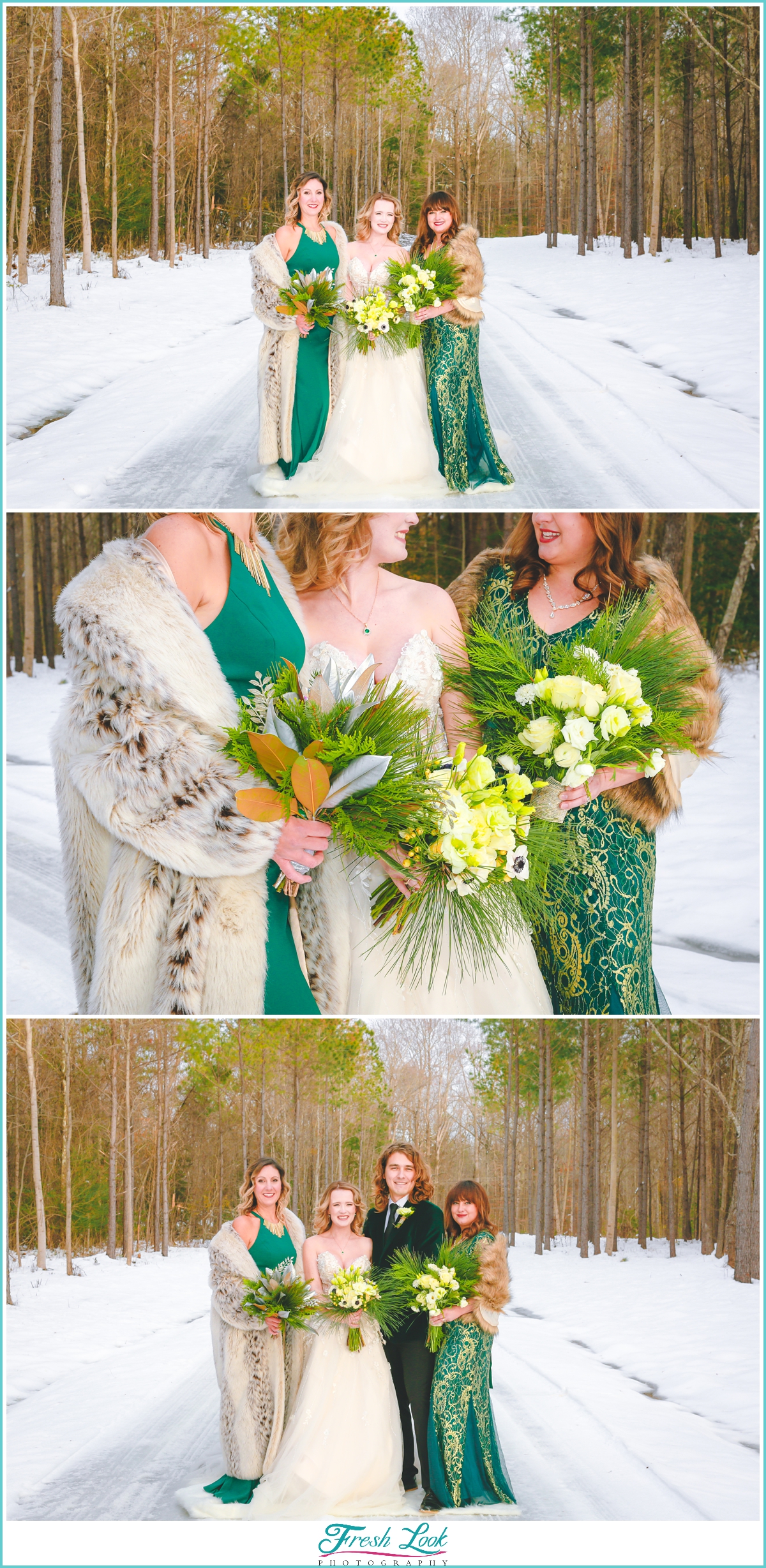 bride and bridesmaids snow portraits