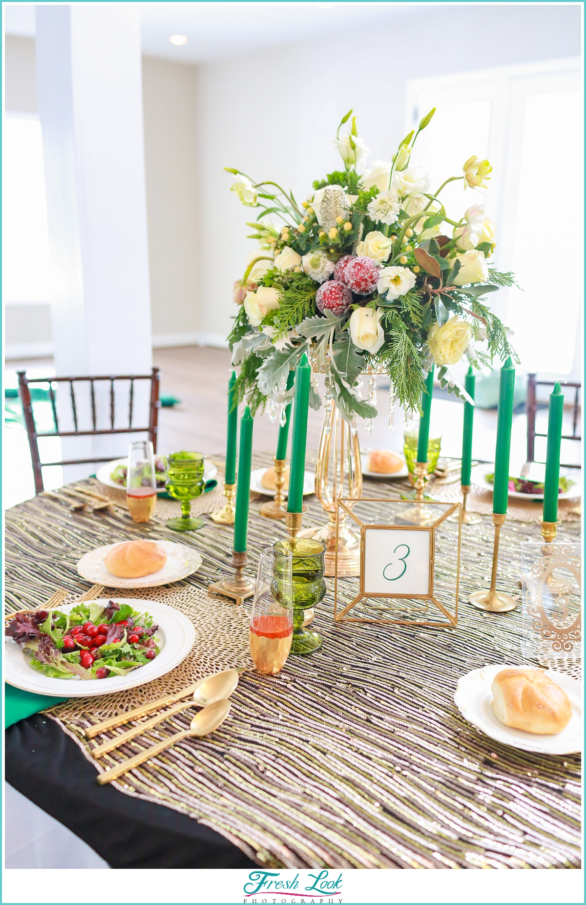 green and gold wedding reception decor