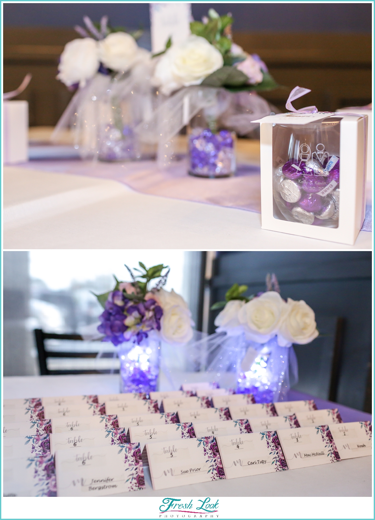 purple and silver wedding details