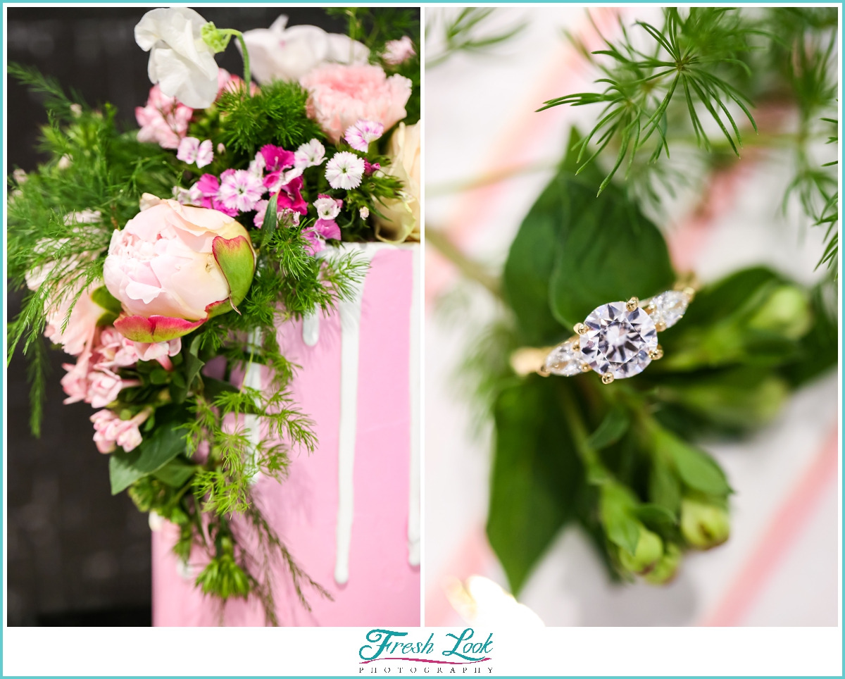 diamond engagement ring and wedding cake
