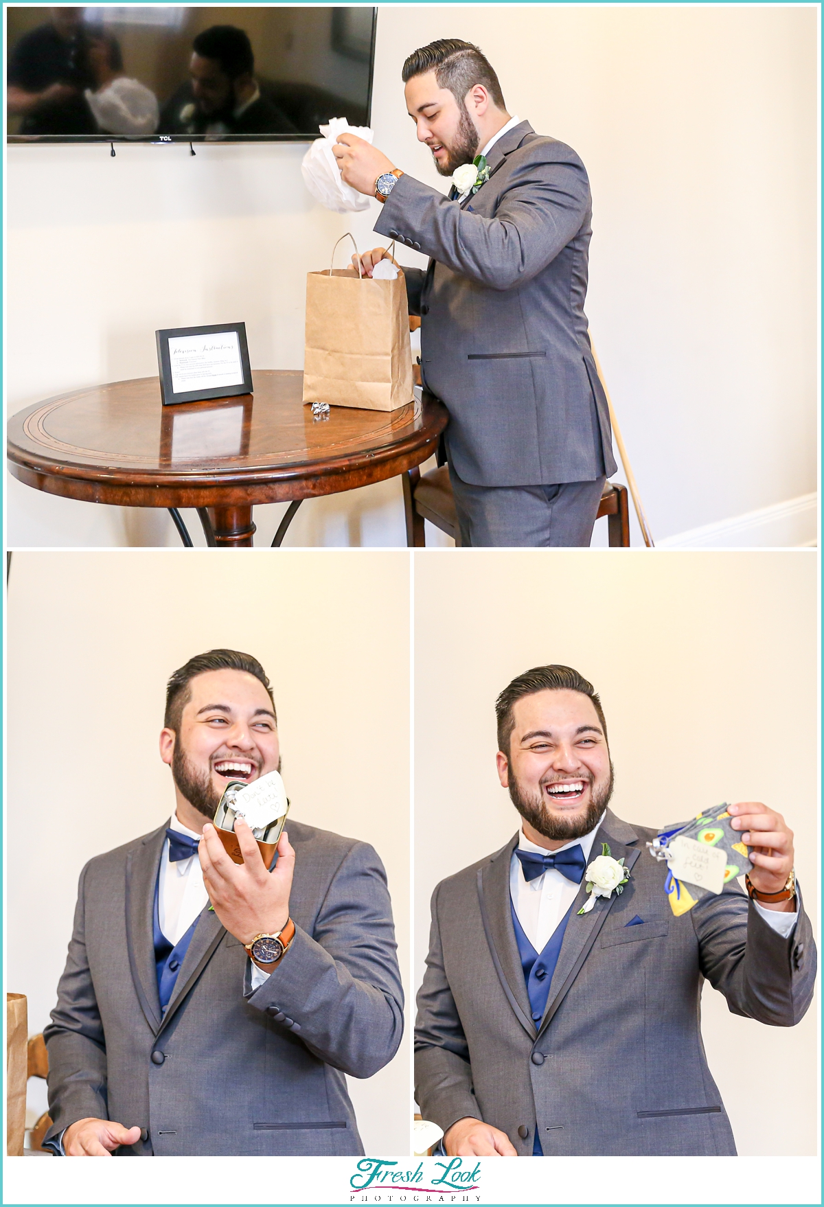 groom opening gift from bride