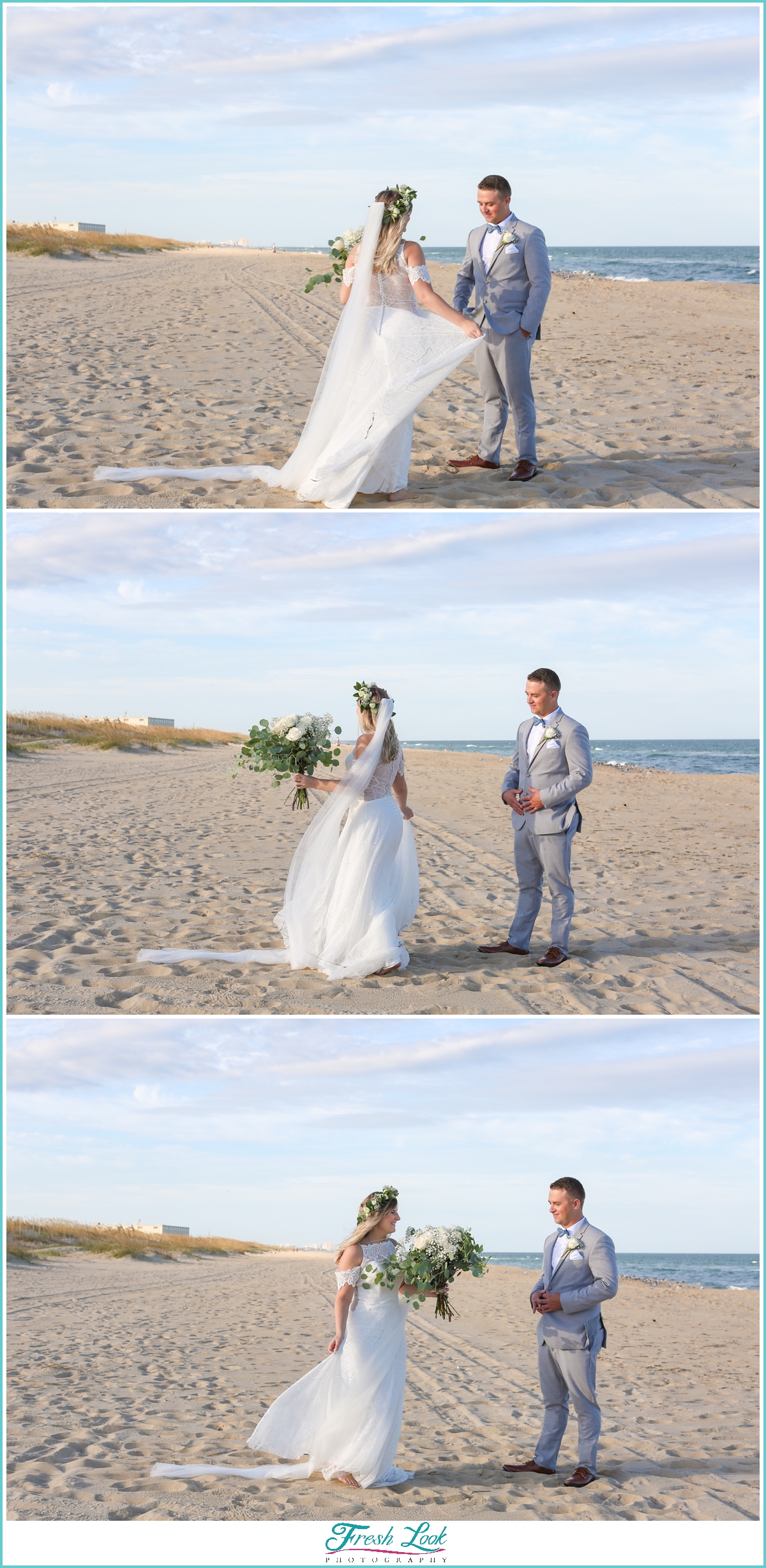 beach first look with bride and groom