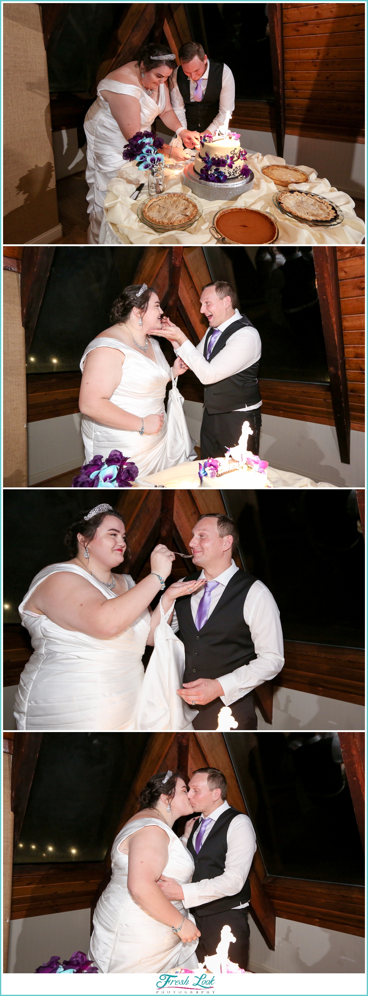 bride and groom feeding each other cake