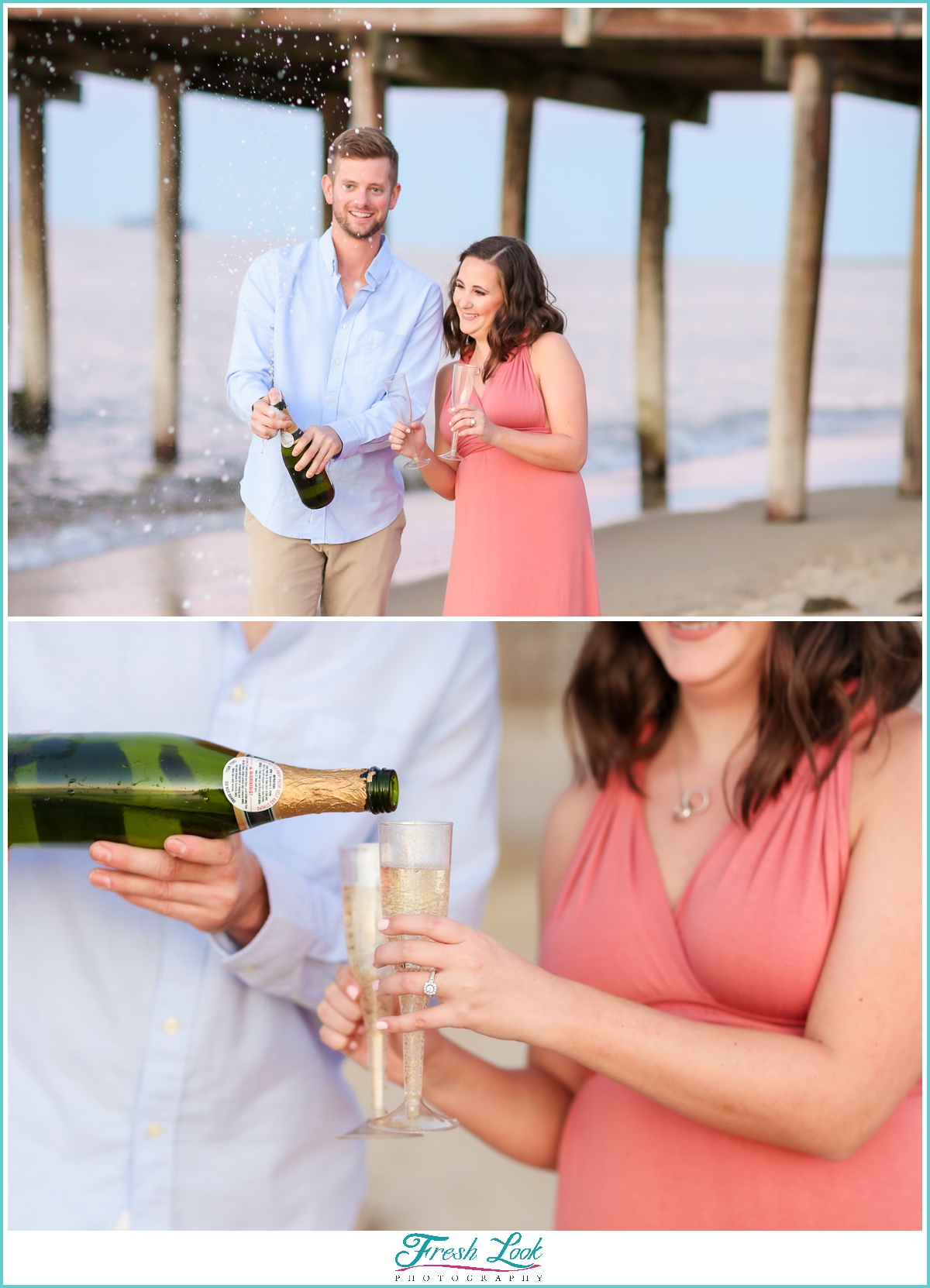 pouring champagne during engagement shoot