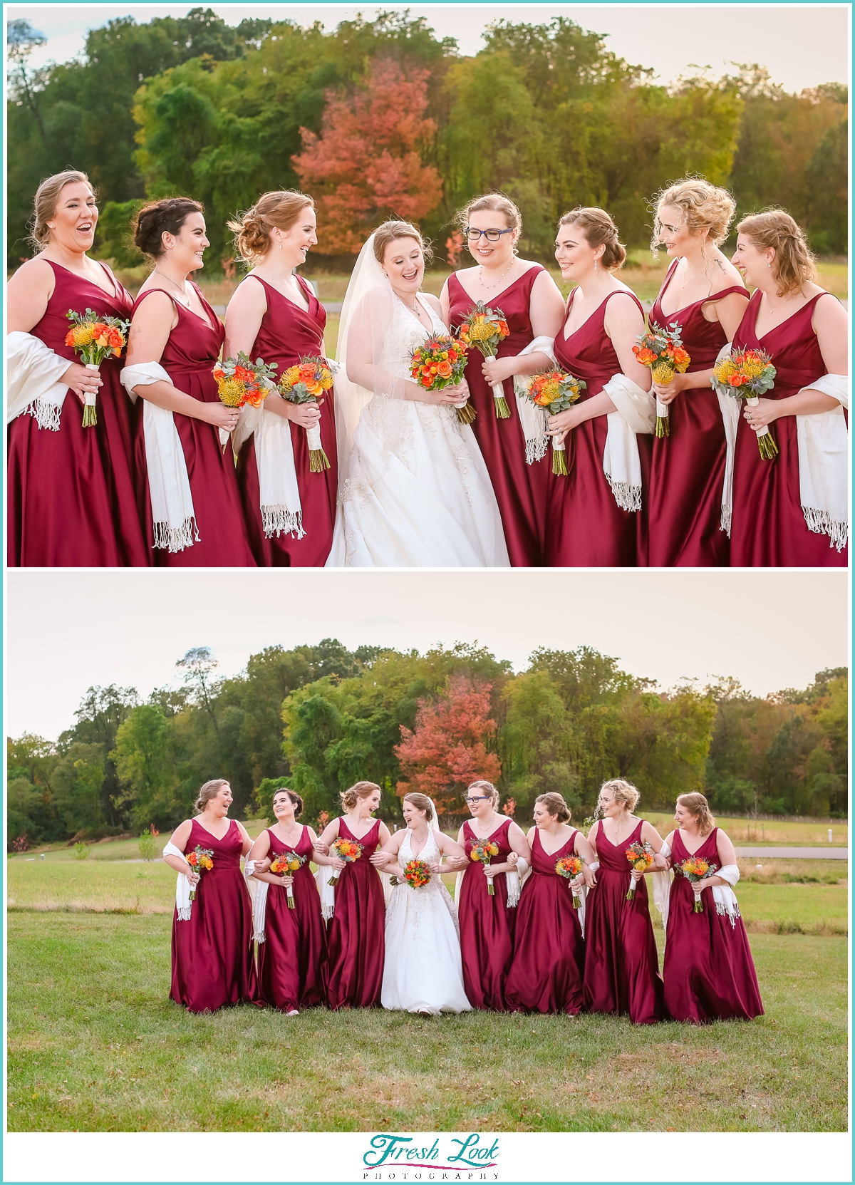 fall bridesmaids wearing burgundy dresses