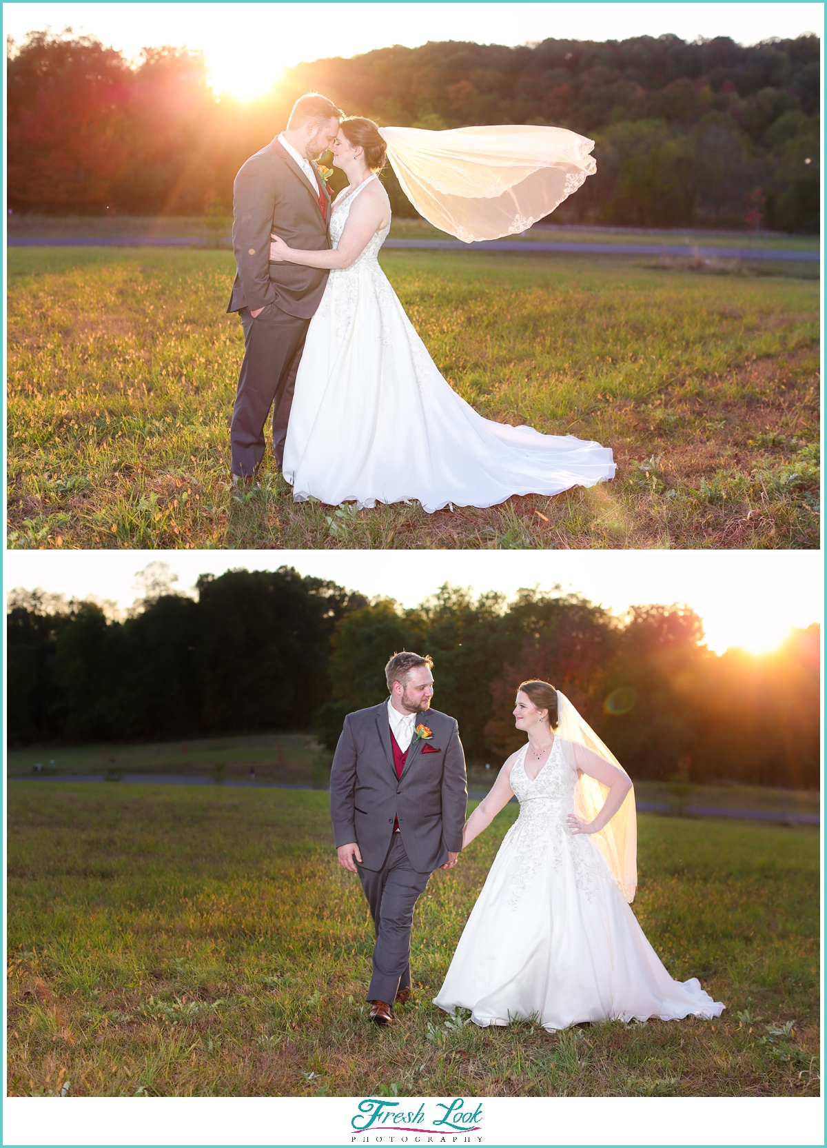 sunset portraits with bride and groom