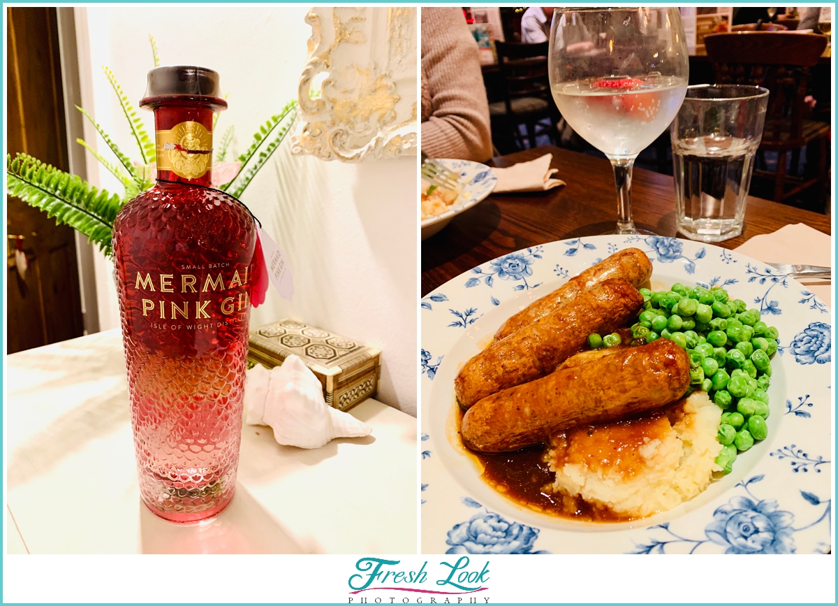 Mermaid Pink Gin and Bangers and Mash